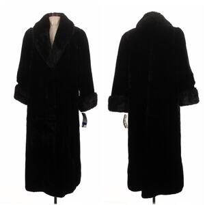 NWT Vintage Black Faux Fur Coat Long Plush Winter Coat Fox Trim Large